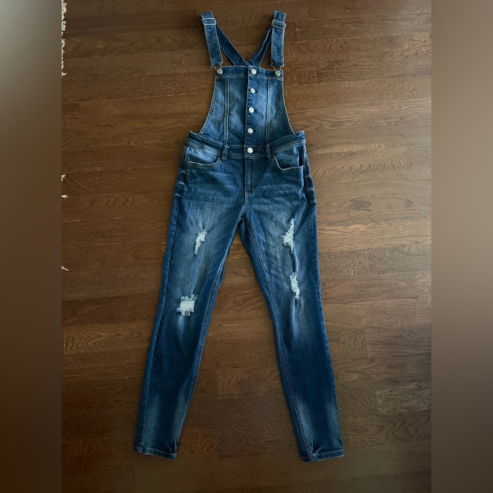 Tinseltown Dark Blue Distressed Denim Overalls